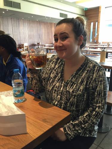 Yesim enjoys her freshly made Jasmine tea.   