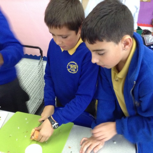 The boys carefully chop an sweet potato using the correct cutting technique. 