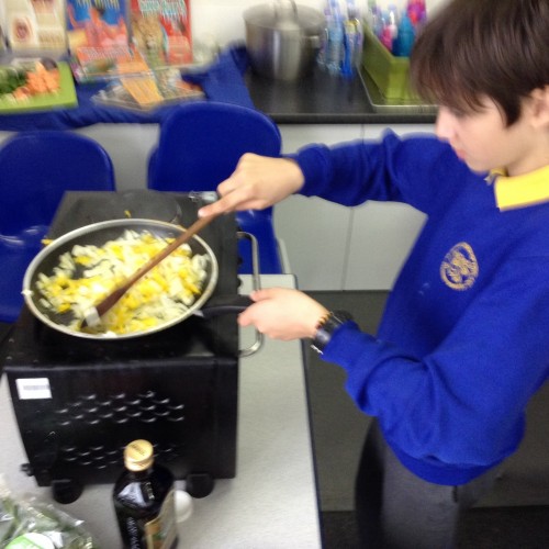 We carefully fried the onions in a pan.