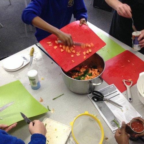 We added our ingredients to  the large pan.