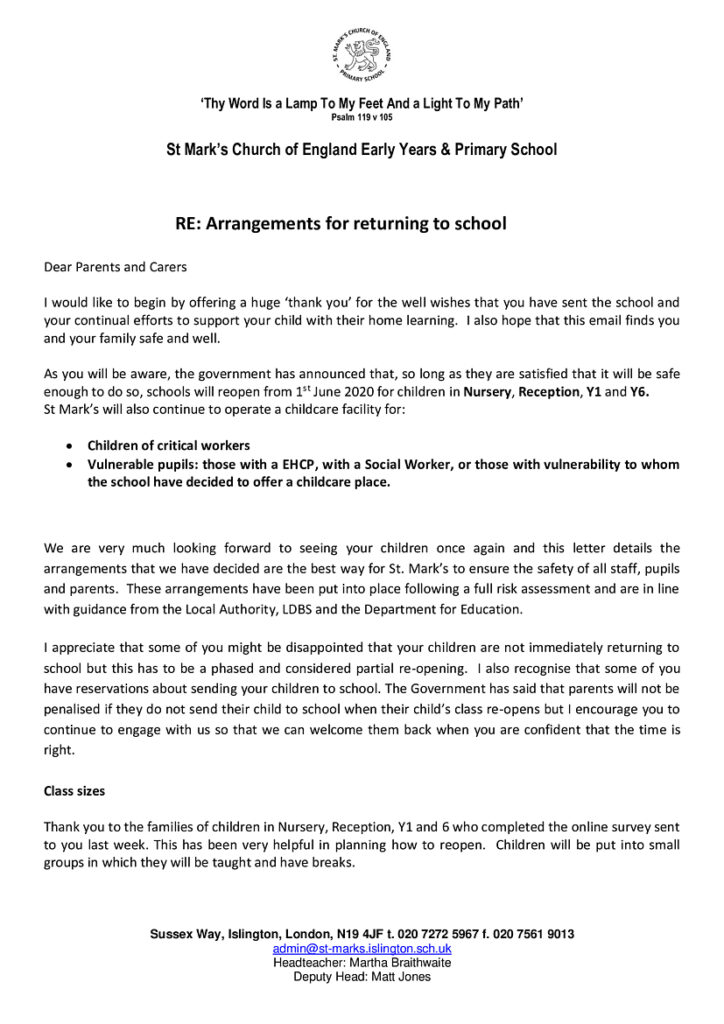 Return to school letter St Mark's C of E Primary School